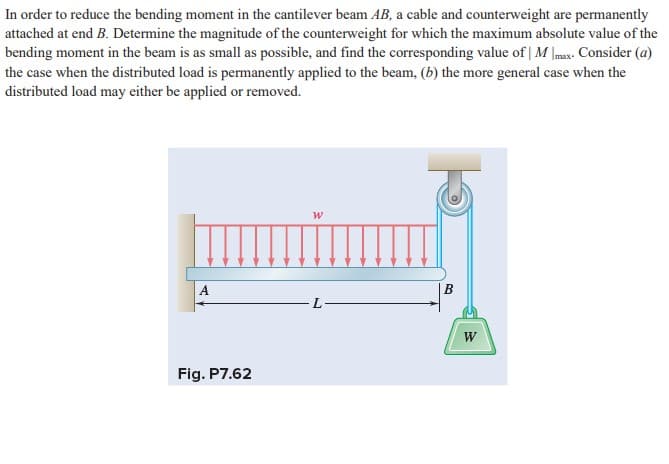 In order to reduce the bending moment in the cantilever beam AB, a cable and counterweight are permanently
attached at end B. Determine the magnitude of the counterweight for which the maximum absolute value of the
bending moment in the beam is as small as possible, and find the corresponding value of | M Imax. Consider (a)
the case when the distributed load is permanently applied to the beam, (b) the more general case when the
distributed load may either be applied or removed.
A
|B
L.
Fig. P7.62
