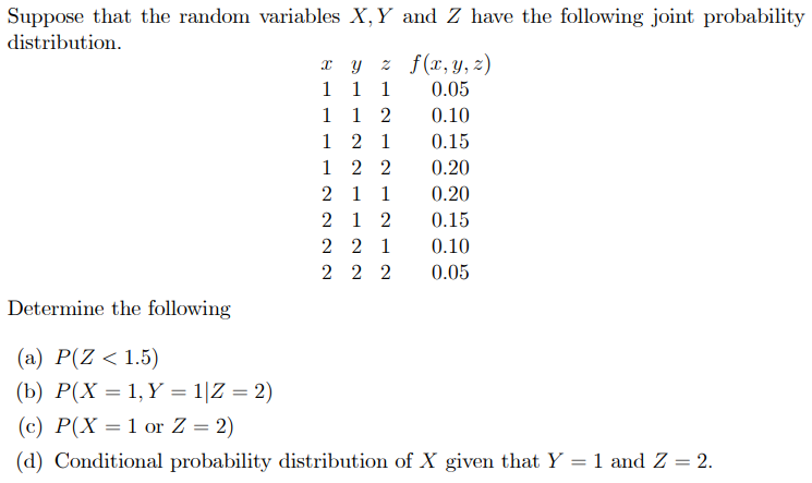 Suppose that the random variables X,Y and Z have the following joint probability
distribution.
z f(r, y, z)
1 1 1
1 1 2
1 2 1
1 2 2
2 1 1
2 1 2
0.05
0.10
0.15
0.20
0.20
0.15
2 2 1
0.10
2 2 2
0.05
Determine the following
(a) P(Z < 1.5)
(b) P(X = 1, Y = 1|Z = 2)
(c) P(X = 1 or Z = 2)
(d) Conditional probability distribution of X given that Y = 1 and Z = 2.
