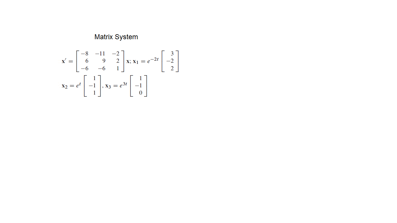 Matrix System
-8
-11
-2
3
x' =
6
X; Xі — е 21
-2
-6
-6
X2 = et
-1
,X3 = e3t
-1

