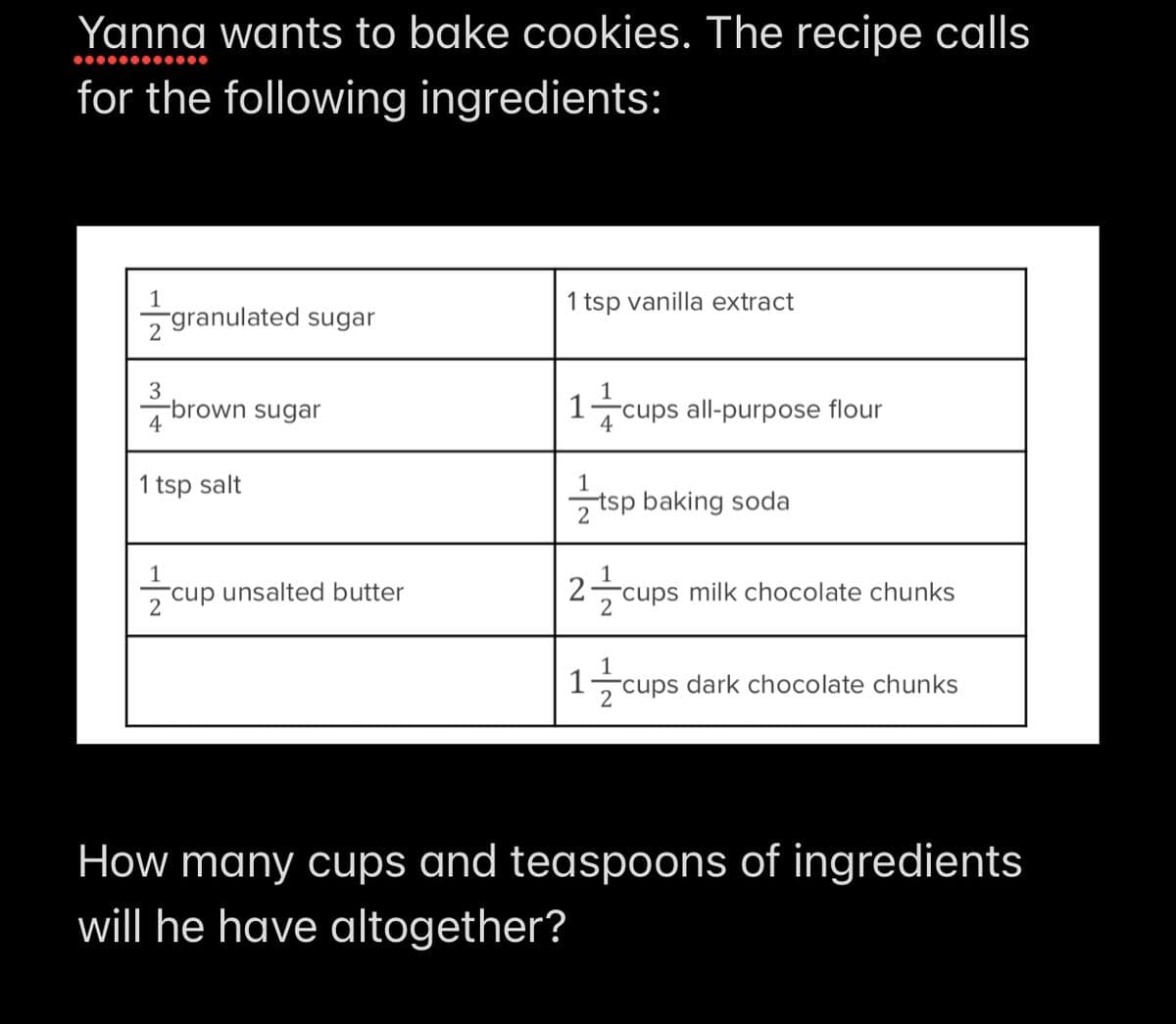 Yanna wants to bake cookies. The recipe calls
...●●.●●●●●.
for the following ingredients:
1
1 tsp vanilla extract
-granulated sugar
-brown sugar
4
1cups all-purpose flour
4
1 tsp salt
1
2 tsp baking soda
rcup unsalted butter
rcups milk chocolate chunks
2
1
rcups dark chocolate chunks
How many cups and teaspoons of ingredients
will he have altogether?
