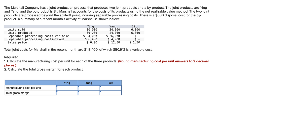 The Marshall Company has a joint production process that produces two joint products and a by-product. The joint products are Ying
and Yang, and the by-product is Bit. Marshall accounts for the costs of its products using the net realizable value method. The two joint
products are processed beyond the split-off point, incurring separable processing costs. There is a $600 disposal cost for the by-
product. A summary of a recent month's activity at Marshall is shown below:
Units sold
Units produced
Separable processing costs-variable
Separable processing costs-fixed
Sales price
Ying
30,000
30,000
$ 84,000
$ 6,000
$ 6.00
Yang
24,000
24,000
$ 26,000
$ 4,000
$ 12.50
Bit
6,000
6,000
$
$ -
$ 1.50
Total joint costs for Marshall in the recent month are $118,400, of which $50,912 is a variable cost.
Required:
1. Calculate the manufacturing cost per unit for each of the three products. (Round manufacturing cost per unit answers to 2 decimal
places.)
2. Calculate the total gross margin for each product.
Ying
Yang
Bit
Manufacturing cost per unit
Total gross margin
