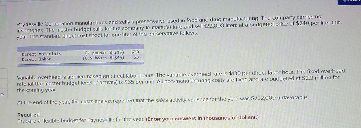 Paynesville Corporation manufactures and sells a preservative used in food and drug manufacturing. The company carries no
inventories. The master budget calls for the company to manufacture and sell 122,000 liters at a budgeted price of $240 per liter this
year. The standard direct cost sheet for one liter of the preservative follows.
(2 pounds @ $15)
(0.5 hours @ $46)
Direct materials
$30
Direct labor
23
Variable overhead is applied based on direct labor hours. The variable overhead rate is $130 per direct-labor hour. The fixed overhead
rate (at the master budget level of activity) is $65 per unit. All non-manufacturing costs are fixed and are budgeted at $2.3 million for
the coming year.
es
At the end of the year, the costs analyst reported that the sales activity variance for the year was $732,000 unfavorable.
Required
Prepare a flexible budget for Paynesville for the year. (Enter your answers in thousands of dollars.)
