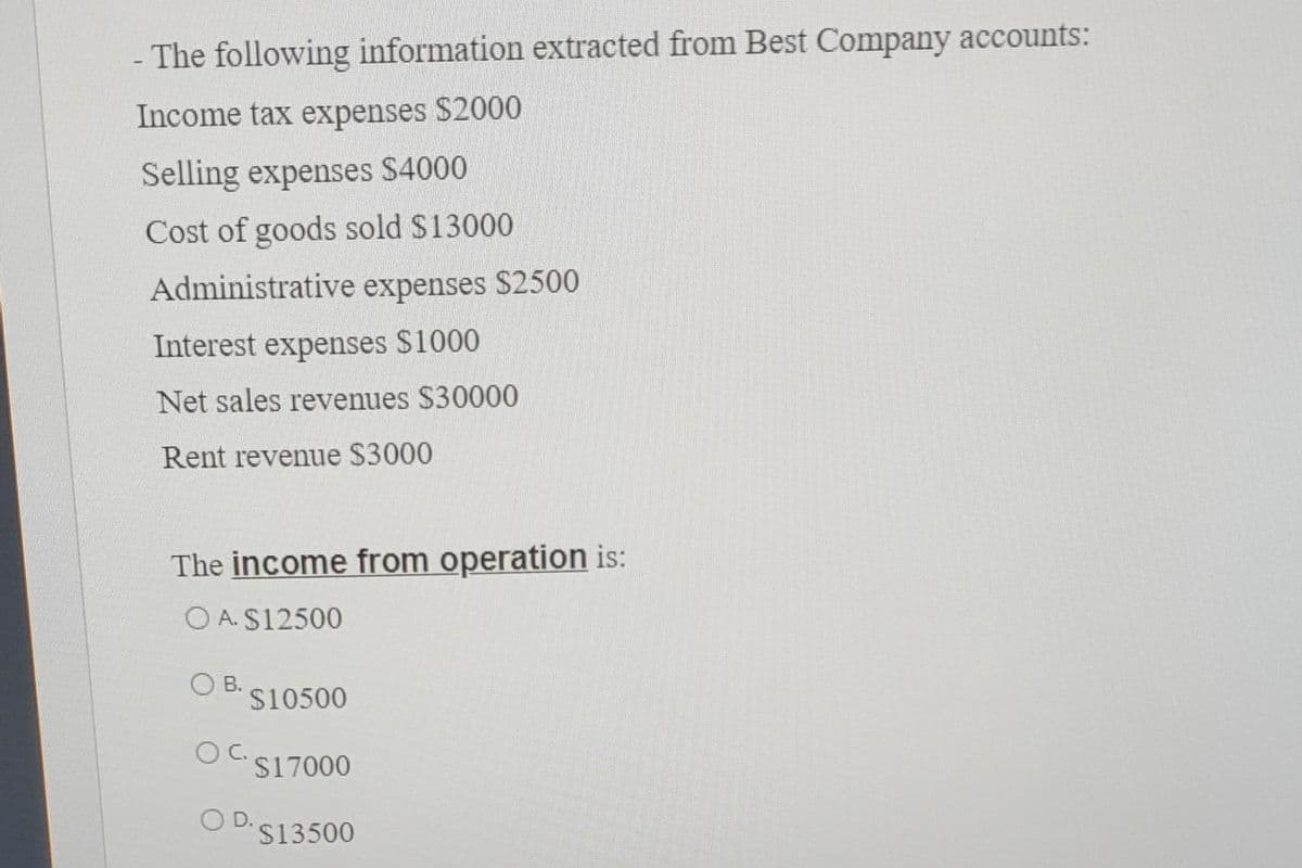 - The following information extracted from Best Company accounts:
Income tax expenses $2000
Selling expenses S4000
Cost of goods sold $13000
Administrative expenses $2500
Interest expenses $1000
Net sales revenues $30000
Rent revenue $3000
The income from operation is:
O A. $12500
OB.
S10500
s17000
OD.
S13500
