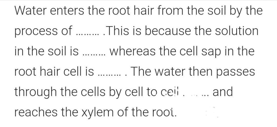 Water enters the root hair from the soil by the
process of
This is because the solution
..... ....
in the soil is
whereas the cell sap in the
..... ....
root hair cell is
. The water then passes
..... ....
through the cells by cell to ceil.
... and
...
reaches the xylem of the rooi.
