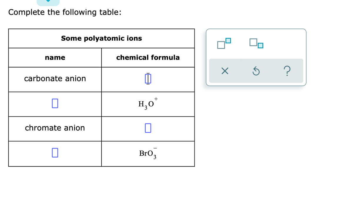 Complete the following table:
Some polyatomic ions
name
chemical formula
?
carbonate anion
H,0
chromate anion
BrO3

