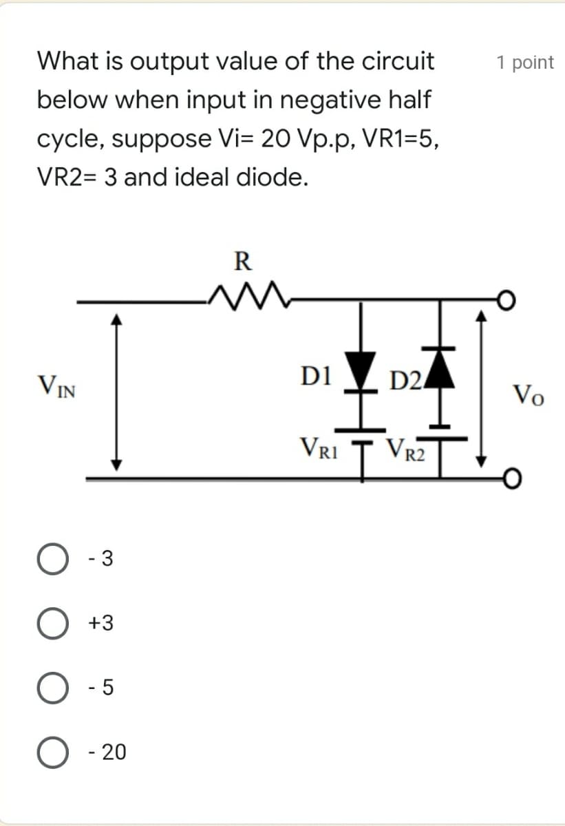 What is output value of the circuit
1 point
below when input in negative half
cycle, suppose Vi= 20 Vp.p, VR1=5,
VR2= 3 and ideal diode.
R
D1
D2
VIN
Vo
VRI
VR2
- 3
+3
- 5
O - 20
