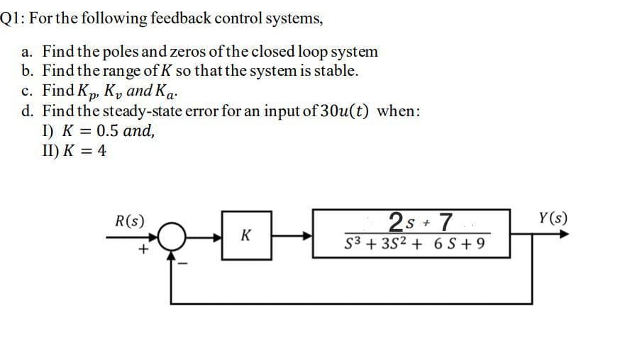 Q1: For the following feedback control systems,
a. Find the poles and zeros of the closed loop system
b. Find the range of K so that the system is stable.
c. Find Kp, K, and Ka.
d. Find the steady-state error for an input of 30u(t) when:
I) K = 0.5 and,
II) K = 4
2s + 7
S3 + 3S2 + 6 S + 9
R(s)
Y (s)
K
