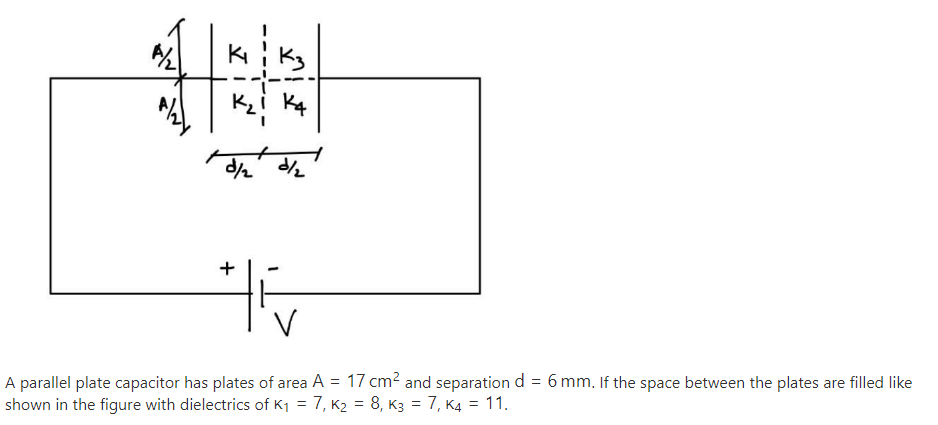 +
V
A parallel plate capacitor has plates of area A = 17 cm² and separation d = 6 mm. If the space between the plates are filled like
shown in the figure with dielectrics of K1 = 7, K2 = 8, K3 = 7, K4 = 11.
%3D
