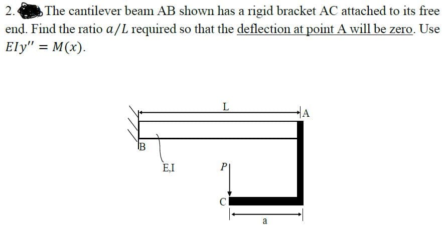 2.
The cantilever beam AB shown has a rigid bracket AC attached to its free
end. Find the ratio a/L required so that the deflection at point A will be zero. Use
Ely" = M(x).
L
A
E,I
E.I
C
a
