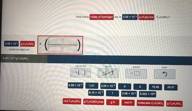 How many moles of hydrogen are in 3.06 x 10 g of glycine, C,H;NO,?
