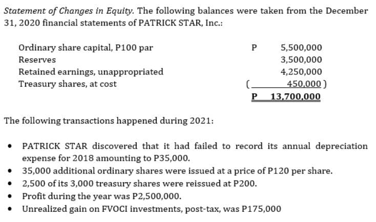 Statement of Changes in Equity. The following balances were taken from the December
31, 2020 financial statements of PATRICK STAR, Inc.:
Ordinary share capital, P100 par
P
5,500,000
Reserves
3,500,000
Retained earnings, unappropriated
Treasury shares, at cost
4,250,000
(.
450,000 )
P
13,700,000
The following transactions happened during 2021:
• PATRICK STAR discovered that it had failed to record its annual depreciation
expense for 2018 amounting to P35,000.
• 35,000 additional ordinary shares were issued at a price of P120 per share.
• 2,500 of its 3,000 treasury shares were reissued at P200.
• Profit during the year was P2,500,000.
• Unrealized gain on FVOCI investments, post-tax, was P175,000

