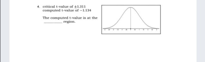 4. critical t-value of +1.311
computed t-value of -1.134
The computed t-value is at the
region.
