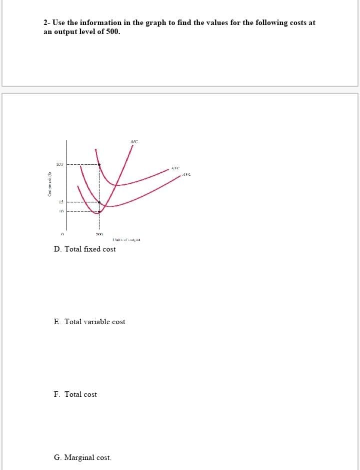 2- Use the information in the graph to find the values for the following costs at
an output level of 500.
ATC
15
s00
Ilaits l'aty
D. Total fixed cost
E. Total variable cost
F. Total cost
G. Marginal cost.
Cust r ait (S)
