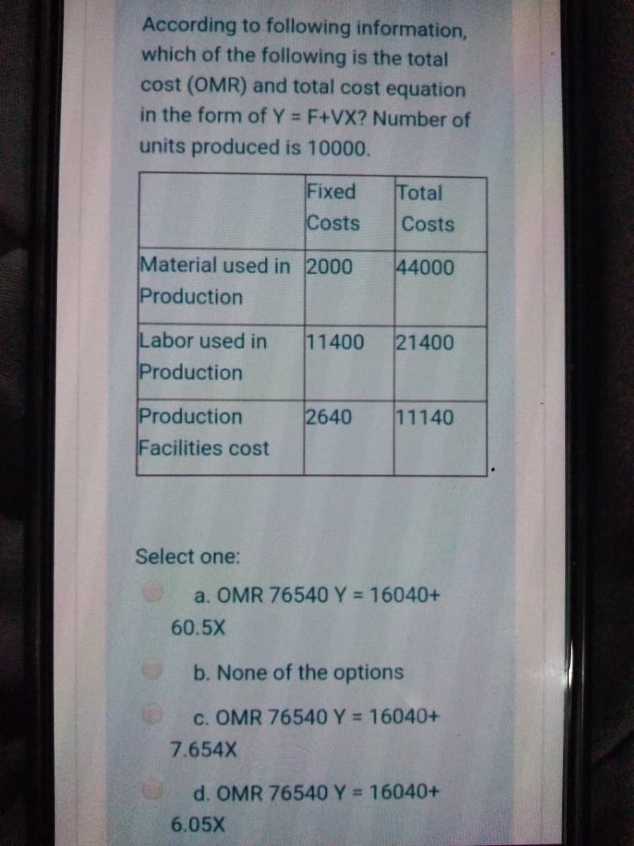 According to following information,
which of the following is the total
cost (OMR) and total cost equation
in the form of Y F+VX? Number of
%3D
units produced is 10000.
Fixed
Total
Costs
Costs
Material used in 2000
44000
Production
Labor used in
Production
11400
21400
Production
Facilities cost
2640
11140
Select one:
a. OMR 76540 Y = 16040+
60.5X
b. None of the options
c. OMR 76540 Y = 16040+
%3D
7.654X
d. OMR 76540 Y = 16040+
6.05X

