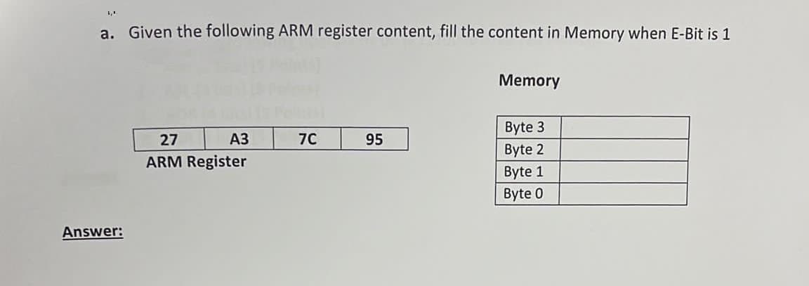 a. Given the following ARM register content, fill the content in Memory when E-Bit is 1
Answer:
27
A3
ARM Register
7C
95
Memory
Byte 3
Byte 2
Byte 1
Byte 0
