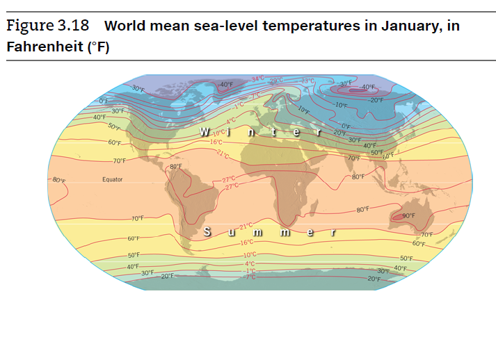 Figure 3.18 World mean sea-level temperatures in January, in
Fahrenheit (°F)
-30°F
40°F
40°F
-20°F
-1°C-
-10 F
-10F
-30°F
40°F
50
4°C
201
-16°C-
30°F
-60°F
40°F
50'F
60'F
21°C
70
-70°F
80°F
80'F
27°C-
-27°C-
-80°F
Equator
80°F
-70°F-
90°F
21°C-
-16°C
70'F
-60°F
60"F
10°C-
4°C
-1°C-
-7°C
50°F
50°F
40°F
-30'F-
40°F
30
20°F-
-20°F
