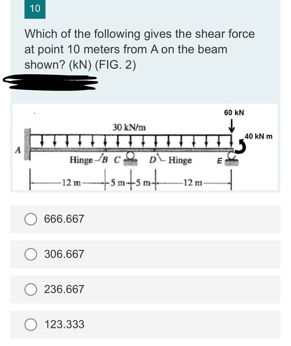 10
Which of the following gives the shear force
at point 10 meters from A on the beam
shown? (kN) (FIG. 2)
60 KN
30 kN/m
THIS
A
Hinge B C D Hinge E
-12 m-
+5m+sm+
-12 m-
666.667
306.667
236.667
O 123.333
40 kN m