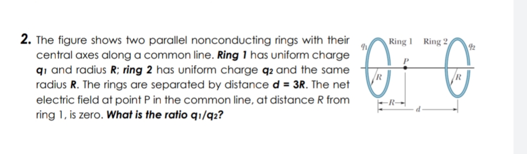 2. The figure shows two parallel nonconducting rings with their
central axes along a common line. Ring 1 has uniform charge
qi and radius R; ring 2 has uniform charge q2 and the same
radius R. The rings are separated by distance d = 3R. The net
Ring 1 Ring 2,
R
R
electric field at point P in the common line, at distance R from
ring 1, is zero. What is the ratio q1/q2?
-R→
