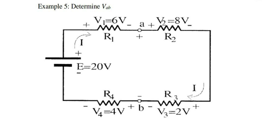 Example 5: Determine Vab
Vi=6V
V=8V_
а +
R2
I
E=20V
R3
ww
ww
+ b
V4=4V
V3=2V+
