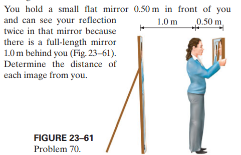 You hold a small flat mirror 0.50 m in front of you
and can see your reflection
1.0 m
0.50 m
twice in that mirror because
there is a full-length mirror
1.0m behind you (Fig. 23–61).
Determine the distance of
each image from you.
FIGURE 23-61
Problem 70.

