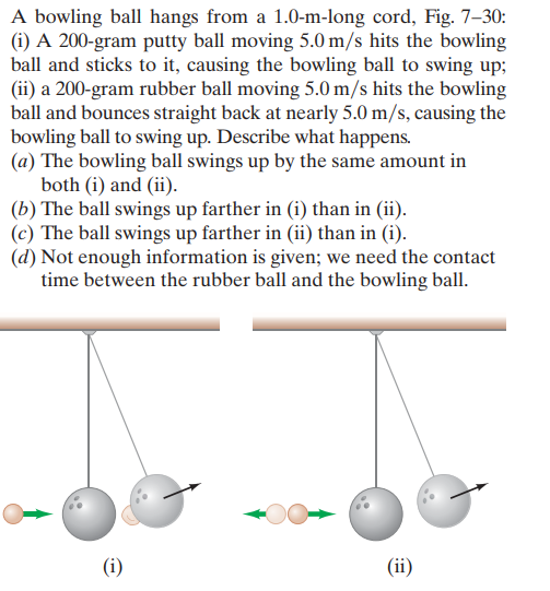 A bowling ball hangs from a 1.0-m-long cord, Fig. 7–30:
(i) A 200-gram putty ball moving 5.0 m/s hits the bowling
ball and sticks to it, causing the bowling ball to swing up;
(ii) a 200-gram rubber ball moving 5.0 m/s hits the bowling
ball and bounces straight back at nearly 5.0 m/s, causing the
bowling ball to swing up. Describe what happens.
(a) The bowling ball swings up by the same amount in
both (i) and (ii).
(b) The ball swings up farther in (i) than in (ii).
(c) The ball swings up farther in (ii) than in (i).
(d) Not enough information is given; we need the contact
time between the rubber ball and the bowling ball.
(i)
(ii)
