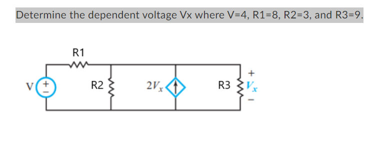 Determine the dependent voltage Vx where V=4, R1=8, R2=3, and R3=9.
+
R1
R2
2Vx
R3
