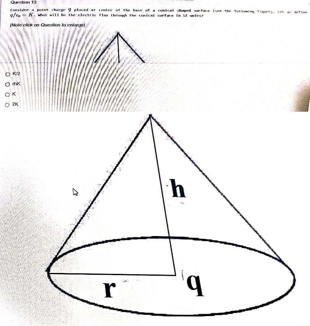Question 13:
Consider a point charge 4 placed at
g/4 = K. what will be the electric flux through the conical surface in si smitsr
center of the hase of a conical shaped sar face the atiing 1iers. 1e det is
(Note:click on Question to entarge)
O K/2
O rhk
O K
O 2K
r
q
