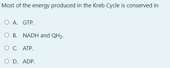 Most of the energy produced in the Kreb Cycle is conserved in
O A. GTP.
O B. NADH and QH2.
O C. ATP.
O D. ADP.
