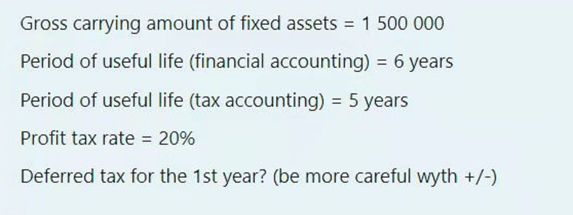 Gross carrying amount of fixed assets = 1 500 000
%3D
Period of useful life (financial accounting) = 6 years
Period of useful life (tax accounting) = 5 years
%3D
Profit tax rate = 20%
Deferred tax for the 1st year? (be more careful wyth +/-)
