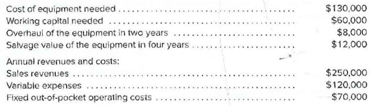 Cost of equipment needed .
Working capital needed
Overhaul of the equipment in two years
Salvage value of the equipment in four years
Annual revenues and costs:
Sales revenues ...
Variable expenses
Fixed out-of-pocket operating costs
$130,000
$60,000
$8,000
$12,000
$250,000
$120,000
$70,000
