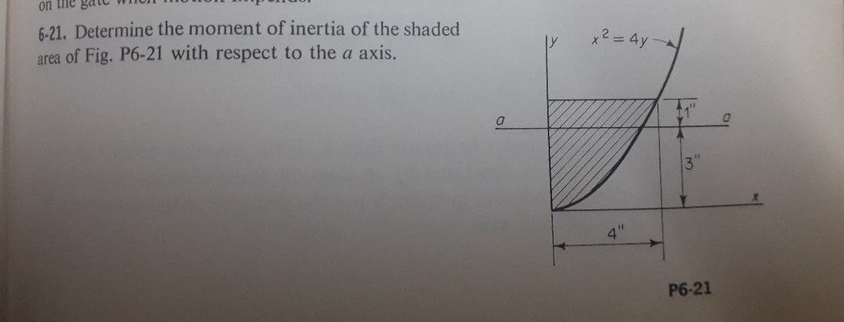 on the
6-21. Determine the moment of inertia of the shaded
area of Fig. P6-21 with respect to the a axis.
x2 =4y
4"
P6-21
