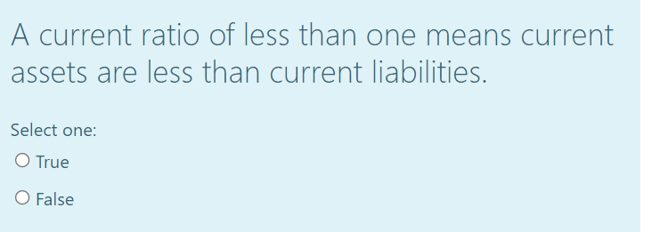 A current ratio of less than one means current
assets are less than current liabilities.
Select one:
O True
O False
