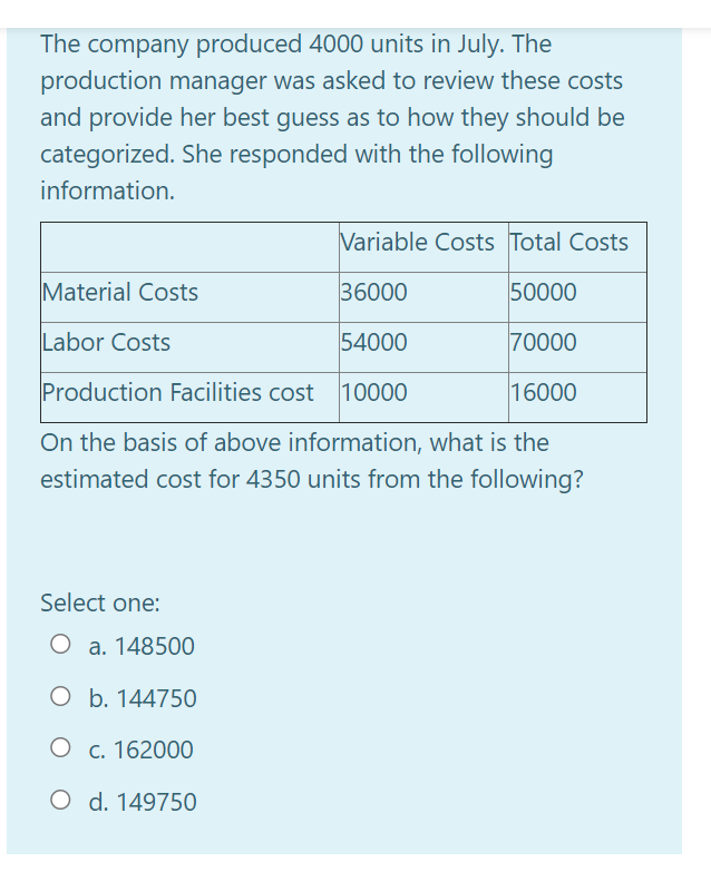 The company produced 4000 units in July. The
production manager was asked to review these costs
and provide her best guess as to how they should be
categorized. She responded with the following
information.
Variable Costs Total Costs
Material Costs
36000
50000
Labor Costs
54000
70000
Production Facilities cost 10000
16000
On the basis of above information, what is the
estimated cost for 4350 units from the following?
Select one:
O a. 148500
O b. 144750
O c. 162000
O d. 149750
