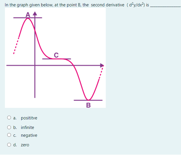 In the graph given below, at the point B, the second derivative ( d'y/dx3) is
C
B
a. posititve
O b. infinite
O c. negative
O d. zerO
