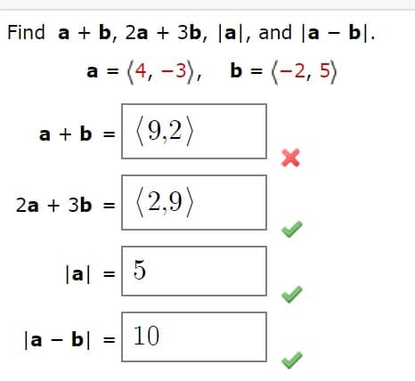 Find a + b, 2a + 3b, Jal, and |a - b|.
а %3 (4, -3), ь - (-2, 5)
a + b = (9,2)
2а + 3Ь %3D (2,9)
|a|
|a - b|
10
II
II
