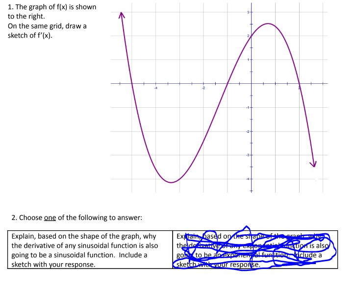 1. The graph of f(x) is shown
to the right.
On the same grid, draw a
sketch of f'(x).
U
2. Choose one of the following to answer:
Explain, based on the shape of the graph, why
the derivative of any sinusoidal function is also
going to be a sinusoidal function. Include a
sketch with your response.
Exptain, based on the shadere
the detive ofany CAPOD
go to be an exponential function
sketch with your response.
tion is also
include a