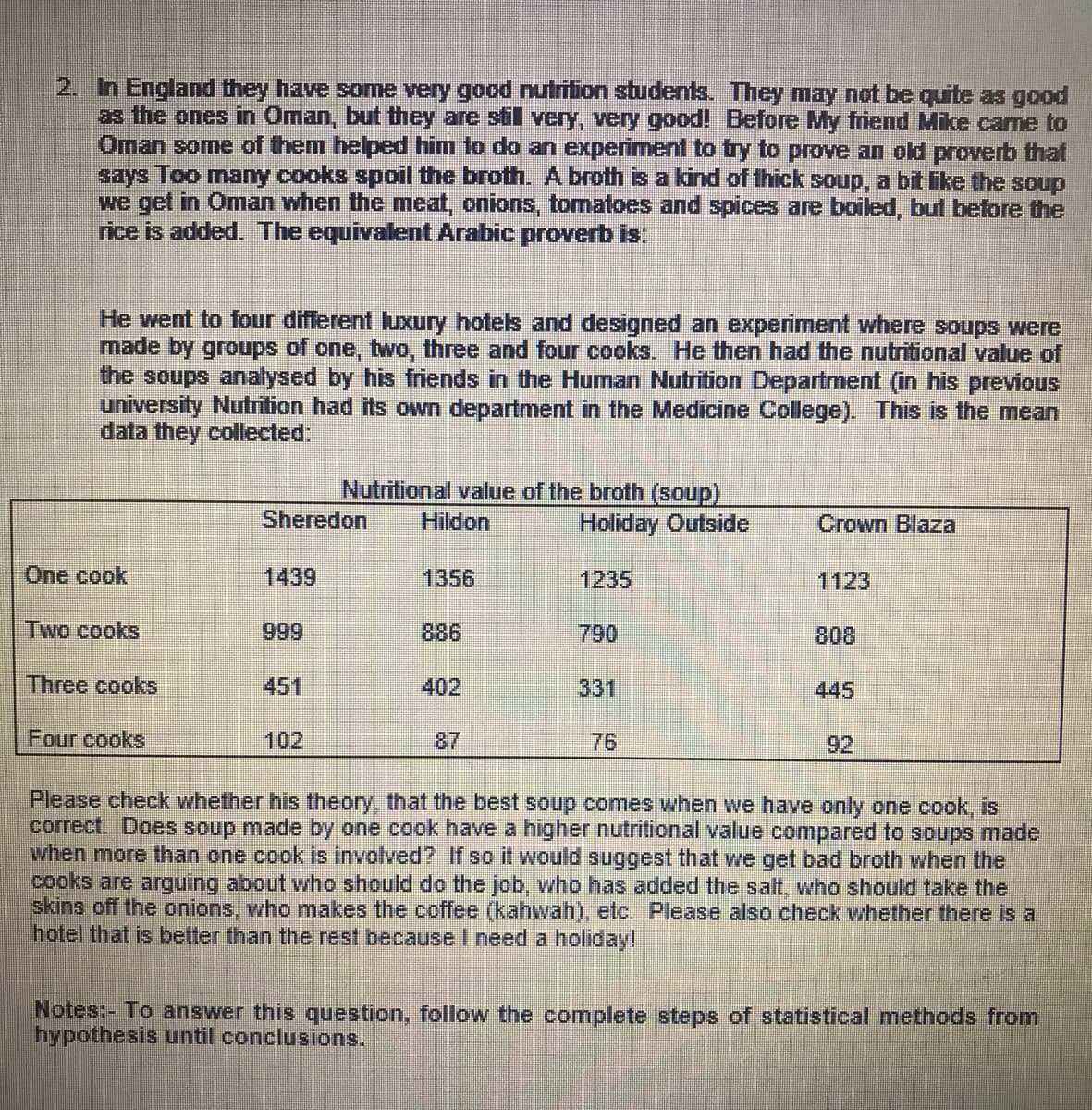 2. In England they have some very good nutrifion students. They may not be quite as good
as the ones in Oman, but they are still very, very good! Before My friend Mike came to
Oman some of them helped him to do an experiment to try to prove an old proerb that
says Too many cooks spoil the broth. A broth is a kind of thick soup, a bit like the soup
we get in Oman when the meat, onions, tomatoes and spices are boiled, but before the
rice is added. The equivalent Arabic proverb is:
He went to four different luxury hotels and designed an experiment where soups were
made by groups of one, two, three and four cooks. He then had the nutritional value of
the soups analysed by his friends in the Human Nutrition Department (in his previous
university Nutrition had its own department in the Medicine College). This is the mean
data they collected:
Nutritional value of the broth (soup)
Sheredon
Hildon
Holiday Outside
Crown Blaza
One cook
1439
1356
1235
1123
Two cooks
999
886
790
808
Three cooks
451
402
331
445
Four cooks
102
87
76
92
Please check whether his theory, that the best soup comes when we have only one cook, is
correct. Does soup made by one cook have a higher nutritional value compared to soups made
when more than one cook is involved? If so it would suggest that we get bad broth when the
cooks are arguing about who should do the job, who has added the salt, who should take the
skins off the onions, who makes the coffee (kahwah), etc. Please also check whether there is a
hotel that is better than the rest because I need a holiday!
Notes:- To answer this question, follow the complete steps of statistical methods from
hypothesis until conclusions.
