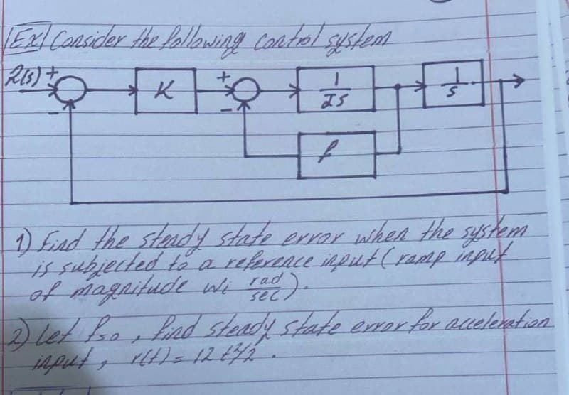 [Ex] Consider the following control system
2(3)+
1
K O = ²
75
f
1) Find the steady state error when the system
is subjected to a reference input (ramp input
of magnitude wi rad).
(2) let Pso find steady state error for acceleration
F