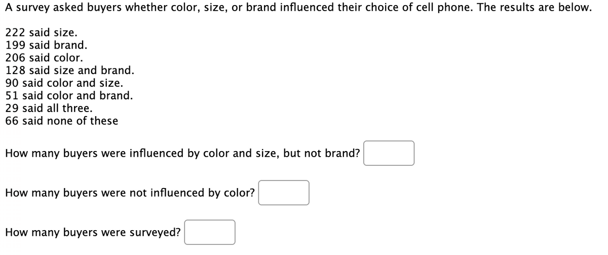 A survey asked buyers whether color, size, or brand influenced their choice of cell phone. The results are below.
222 said size.
199 said brand.
206 said color.
128 said size and brand.
90 said color and size.
51 said color and brand.
29 said all three.
66 said none of these
How many buyers were influenced by color and size, but not brand?
How many buyers were not influenced by color?
How many buyers were surveyed?
