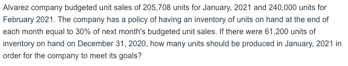 Alvarez company budgeted unit sales of 205,708 units for January, 2021 and 240,000 units for
February 2021. The company has a policy of having an inventory of units on hand at the end of
each month equal to 30% of next month's budgeted unit sales. If there were 61,200 units of
inventory on hand on December 31, 2020, how many units should be produced in January, 2021 in
order for the company to meet its goals?
