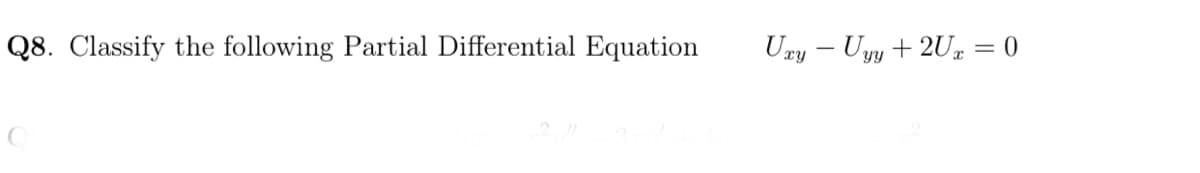 Q8. Classify the following Partial Differential Equation
Uxy – Uyy + 2U, = 0
