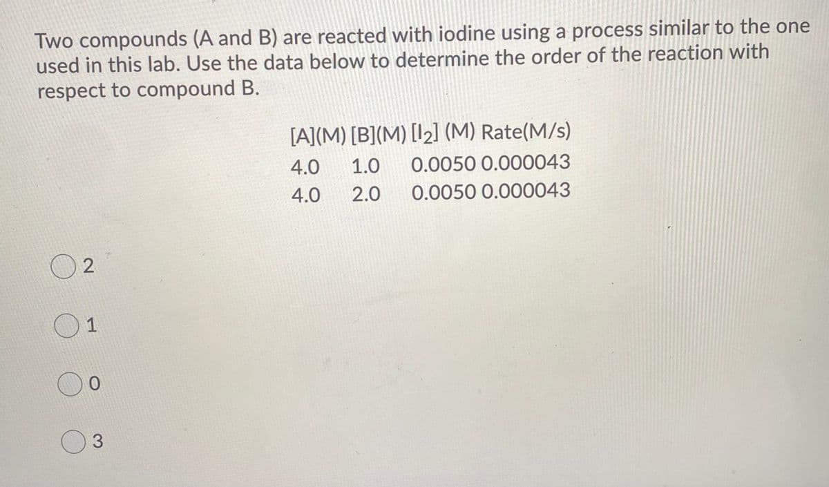 Two compounds (A and B) are reacted with iodine using a process similar to the one
used in this lab. Use the data below to determine the order of the reaction with
respect to compound B.
[A](M) [B](M) [12] (M) Rate(M/s)
4.0
1.0
0.0050 0.000043
4.0
2.0
0.0050 0.000043
O 2
O1
O3
