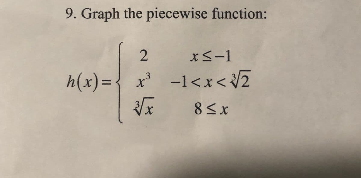 9. Graph the piecewise function:
x<-1
h(x)={ x -1<x<2
-1<x< /2
8<x
2.

