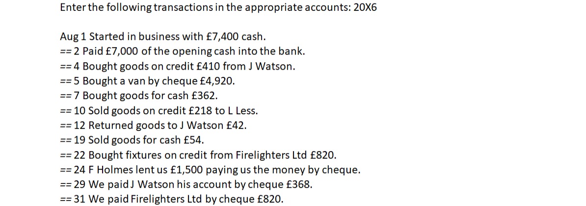 Enter the following transactions in the appropriate accounts: 20X6
Aug 1 Started in business with £7,400 cash.
== 2 Paid £7,000 of the opening cash into the bank.
== 4 Bought goods on credit £410 from J Watson.
== 5 Bought a van by cheque £4,920.
== 7 Bought goods for cash £362.
== 10 Sold goods on credit £218 to L Less.
== 12 Returned goods to J Watson £42.
== 19 Sold goods for cash £54.
== 22 Bought fixtures on credit from Firelighters Ltd £820.
== 24 F Holmes lent us £1,500 paying us the money by cheque.
== 29 We paidJ Watson his account by cheque £368.
== 31 We paid Firelighters Ltd by cheque £820.
