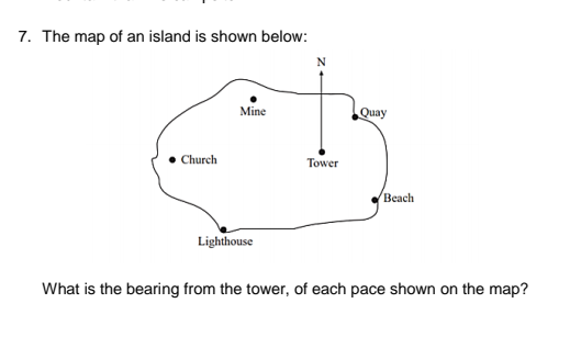 7. The map of an island is shown below:
N
Mine
Quay
Church
Tower
Вeach
Lighthouse
What is the bearing from the tower, of each pace shown on the map?
