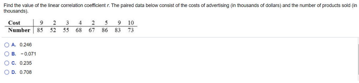 Find the value of the linear correlation coefficient r. The paired data below consist of the costs of advertising (in thousands of dollars) and the number of products sold (in
thousands).
Cost
2
2
5
9 10
Number 85
52
55 68
67
86 83
73
A. 0.246
B. - 0.071
O c. 0.235
O D. 0.708
