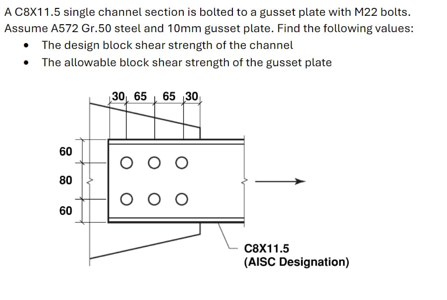 A C8X11.5 single channel section is bolted to a gusset plate with M22 bolts.
Assume A572 Gr.50 steel and 10mm gusset plate. Find the following values:
The design block shear strength of the channel
The allowable block shear strength of the gusset plate
30, 65
65 30
60
80
ооо
60
C8X11.5
(AISC Designation)
