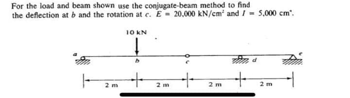 For the load and beam shown use the conjugate-beam method to find
the deflection at b and the rotation at c. E = 20,000 kN/cm and I = 5,000 cm'.
10 kN
to
2 m
2 m
2 m
2 m
