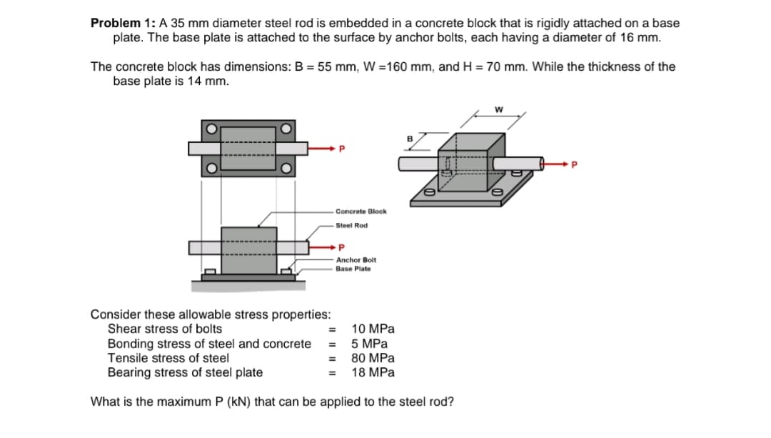 Problem 1: A 35 mm diameter steel rod is embedded in a concrete block that is rigidly attached on a base
plate. The base plate is attached to the surface by anchor bolts, each having a diameter of 16 mm.
The concrete block has dimensions: B = 55 mm, W =160 mm, and H = 70 mm. While the thickness of the
base plate is 14 mm.
Concrete Block
Steel Rod
P
Anchor Bolt
Base Plate
Consider these allowable stress properties:
Shear stress of bolts
10 MPa
5 MPa
%3D
Bonding stress of steel and concrete
Tensile stress of steel
%3D
80 MPa
%3D
Bearing stress of steel plate
18 MPa
%3D
What is the maximum P (kN) that can be applied to the steel rod?
