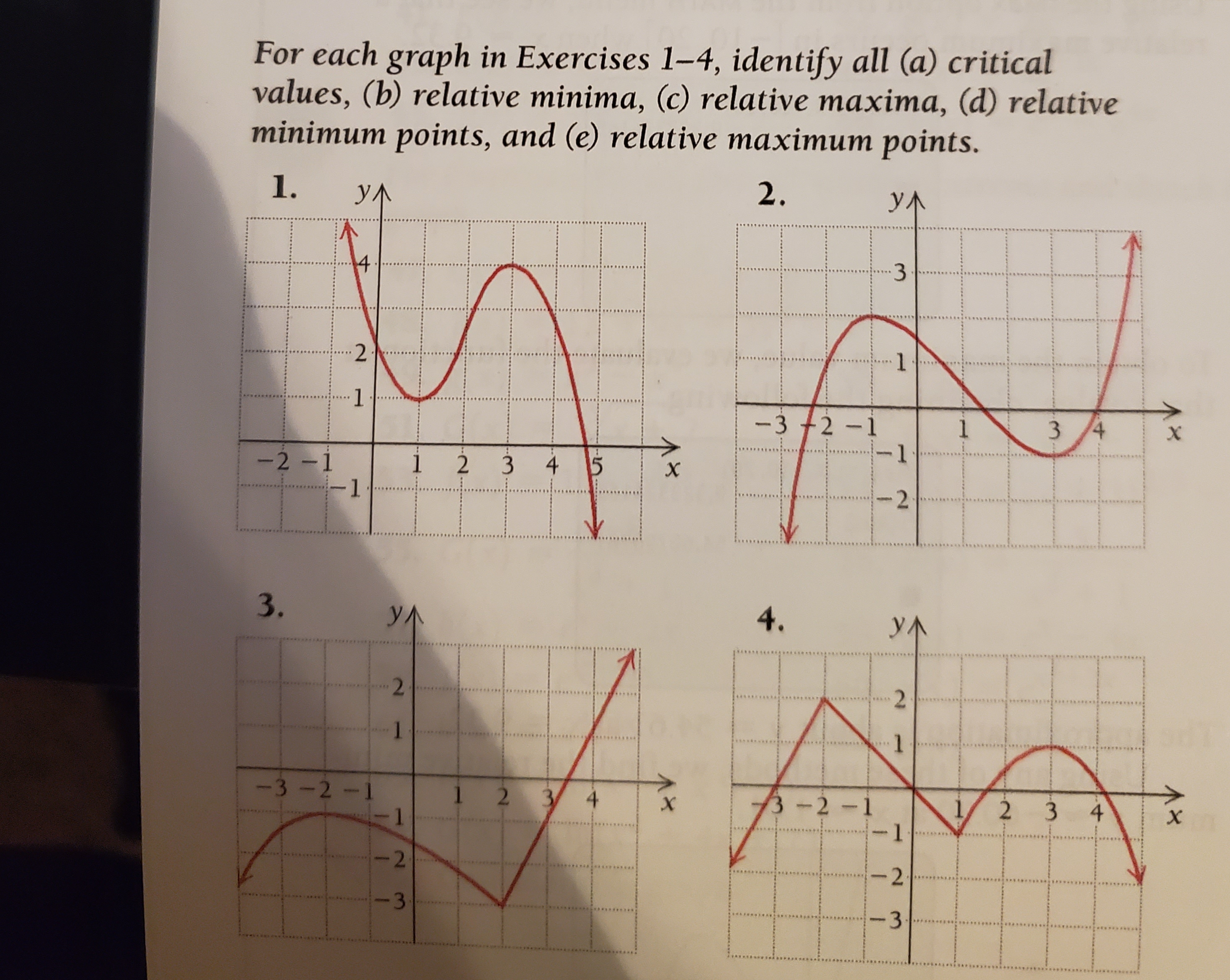 For each graph in Exercises 1-4, identify all (a) critical
values, (b) relative minima, (c) relative maxima, (d) relative
minimum points, and (e) relative maximum points.
1.
2.
УЛ
УЛ
4
3
1
1.
-3 +2 -1
1
3
-2 -1
2
3
4
2
3.
УЛ
4.
УЛ
2
2
1
1
-3 -2 -1
1
2
3
4
3 -2-1
X
2 3
4
1
2
2
3
-3
